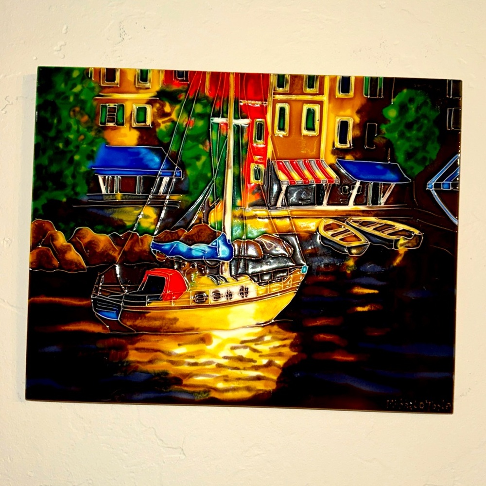 Artist Sailboat painting on ceramic tile Michael O’toole